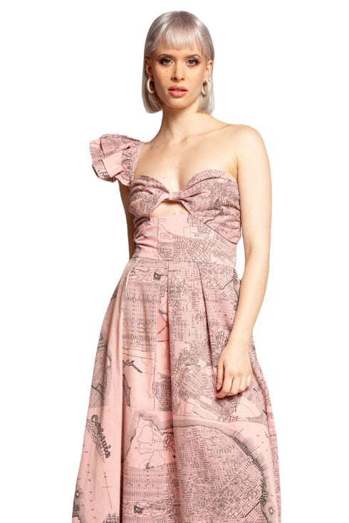 One-Shoulder Pleated Dress - California Map